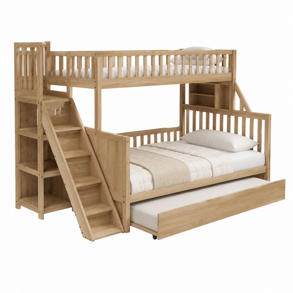 Etagenbett mit Ausziehbett Natur Kiefer Massivholz rechteckig 90 x 200 cm 140 x 200 cm 90 x 190 cm 203 x 151 x 170 cm