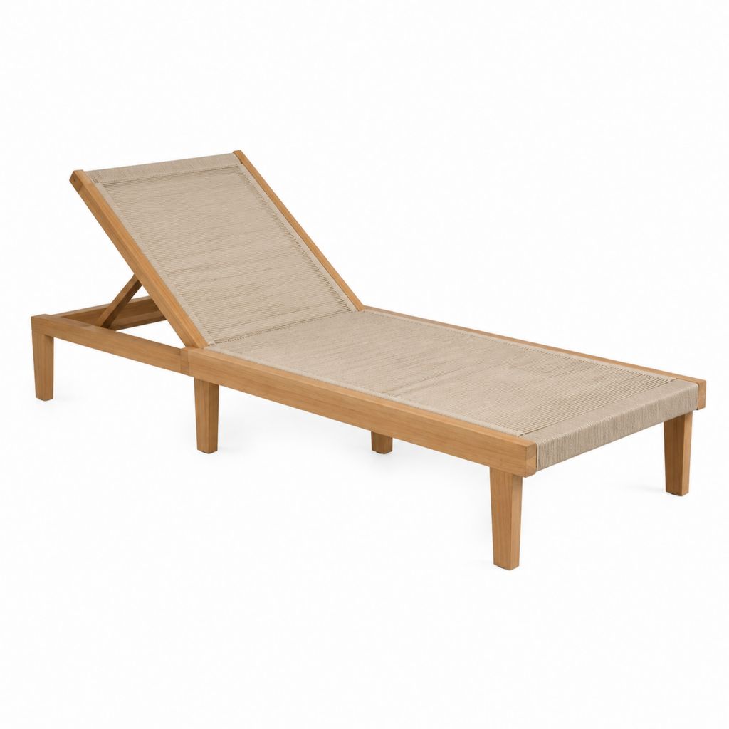 Verstellbare Gartenliege aus naturfarbenem Teakholz mit Polyester-Seilgeflecht 200 x 70 x 35 cm