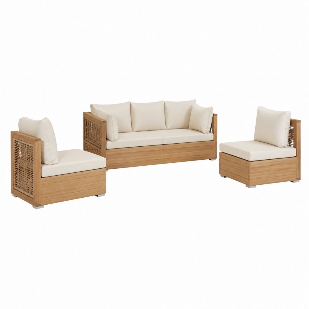 3-teiliges Gartensofa Set Beige aus massivem Akazienholz mit Polyesterkissen 2 Sessel 75 x 75 x 70 cm Sofa 180 x 75 x 70 cm