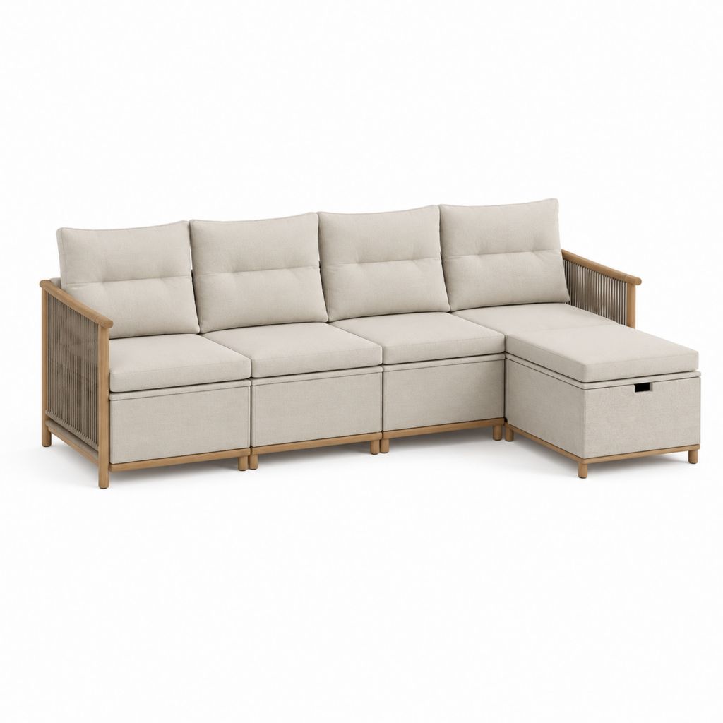 Modulares Gartensofa Ecksofa Beige Akazienholz Polyester L-Form 260 x 150 x 78 cm