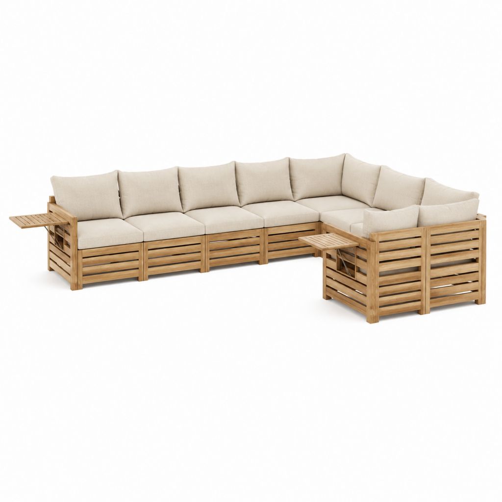 Modulares Gartensofa 6-Sitzer Natur Beige aus Akazien-Massivholz L-Form 390 x 164 x 80 cm