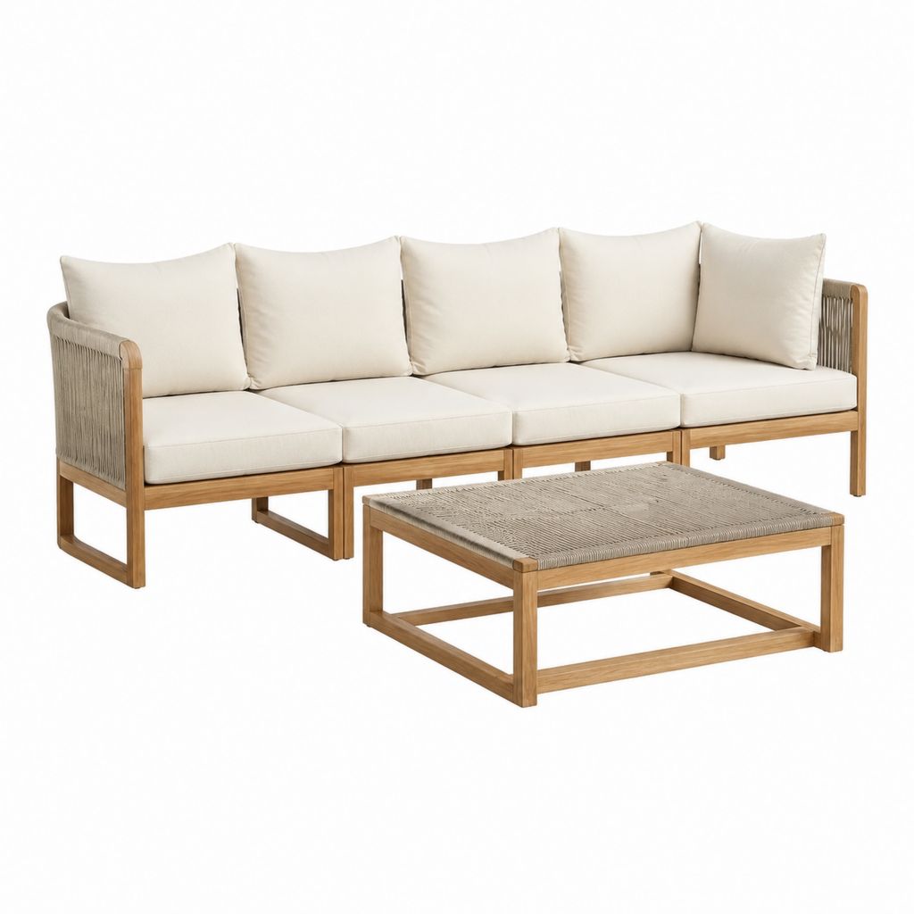 Gartensofa Set 3-Sitzer Natur Beige aus Akazienholz mit Seilgeflecht 240 x 75 x 70 cm