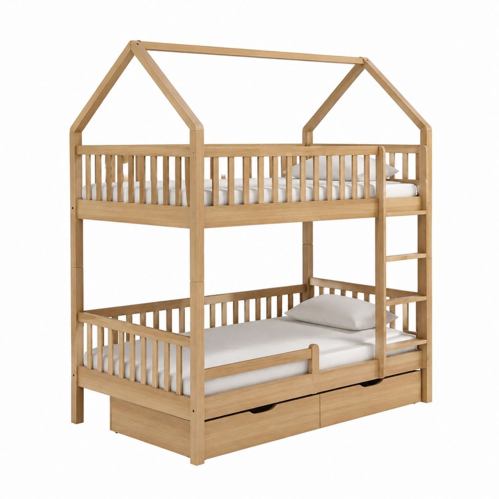 Hausbett Etagenbett naturfarben aus massivem Kiefernholz 90 x 200 cm mit Leiter und 2 Schubladen