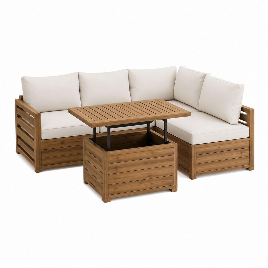 Gartenlounge Ecksofa Set in L-Form Braun aus massivem Akazienholz mit beigefarbenen Polyesterpolstern 200 x 200 x 70 cm