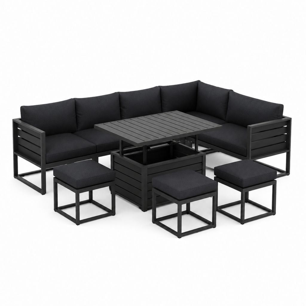 Garten-Loungeset 7-teilig Schwarz pulverbeschichteter Stahl L-Form 210 x 210 x 70 cm