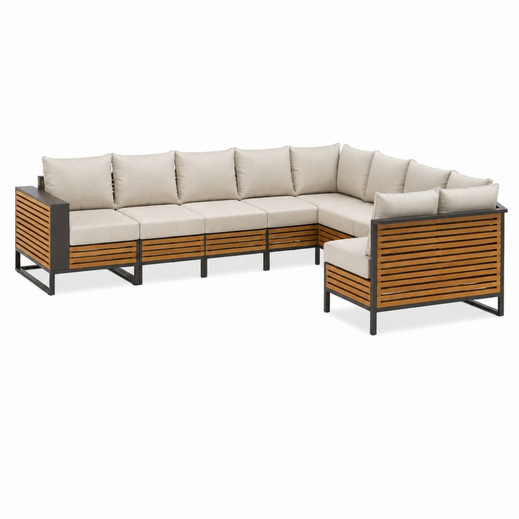 5-teiliges Gartenlounge-Set L-Form mit Sessel Beige Akazienholz Aluminium 300 x 230 x 78 cm