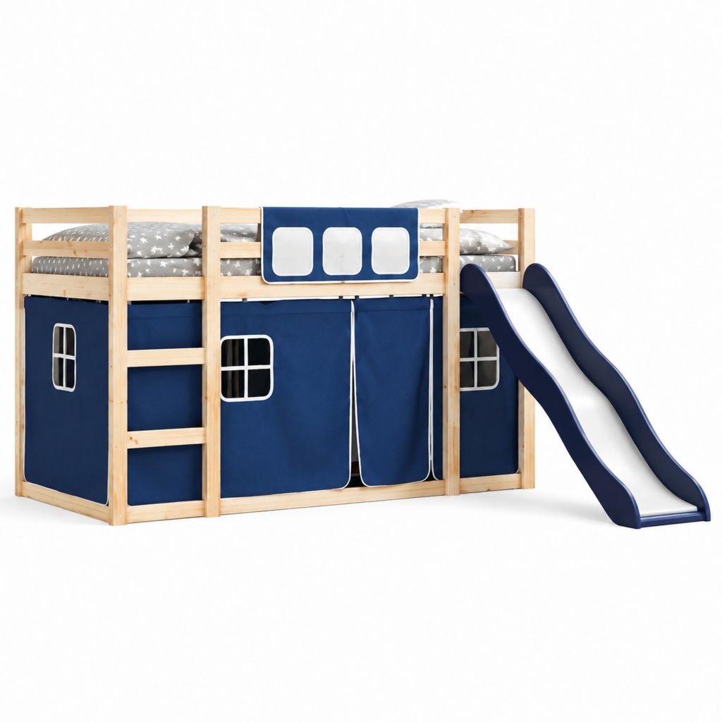 Kinderhochbett mit Rutsche Naturholz Dunkelblau Kiefernholz 90 x 200 cm