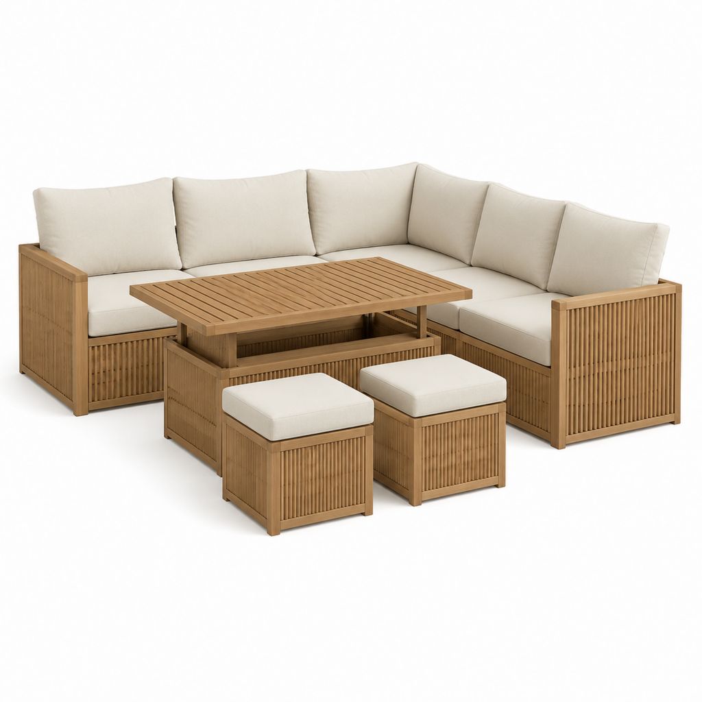 Gartenlounge Set mit Ecksofa Tisch und 2 Hockern Natur Bambus 240 x 240 cm