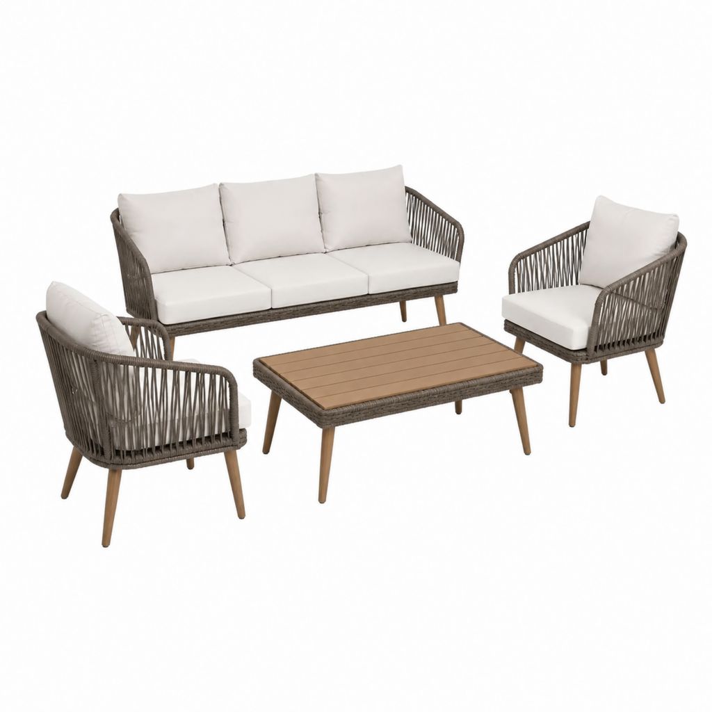 Gartensofa Set 4-teilig Grau Beige Polyrattan Aluminium Rechteckig mit 3-Sitzer 195 x 78 x 75 cm