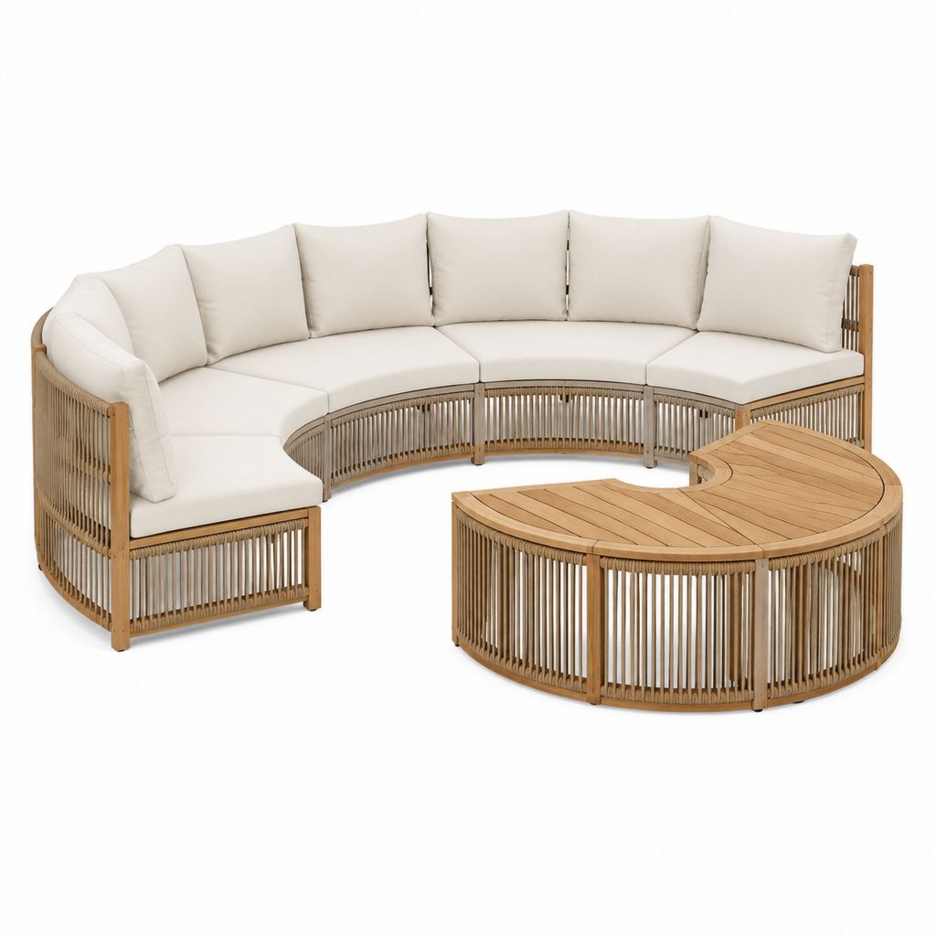 5-teiliges Gartenlounge-Set Halbkreis Beige Teakholz und Polypropylen-Seilgeflecht 300 x 150 cm mit Couchtisch
