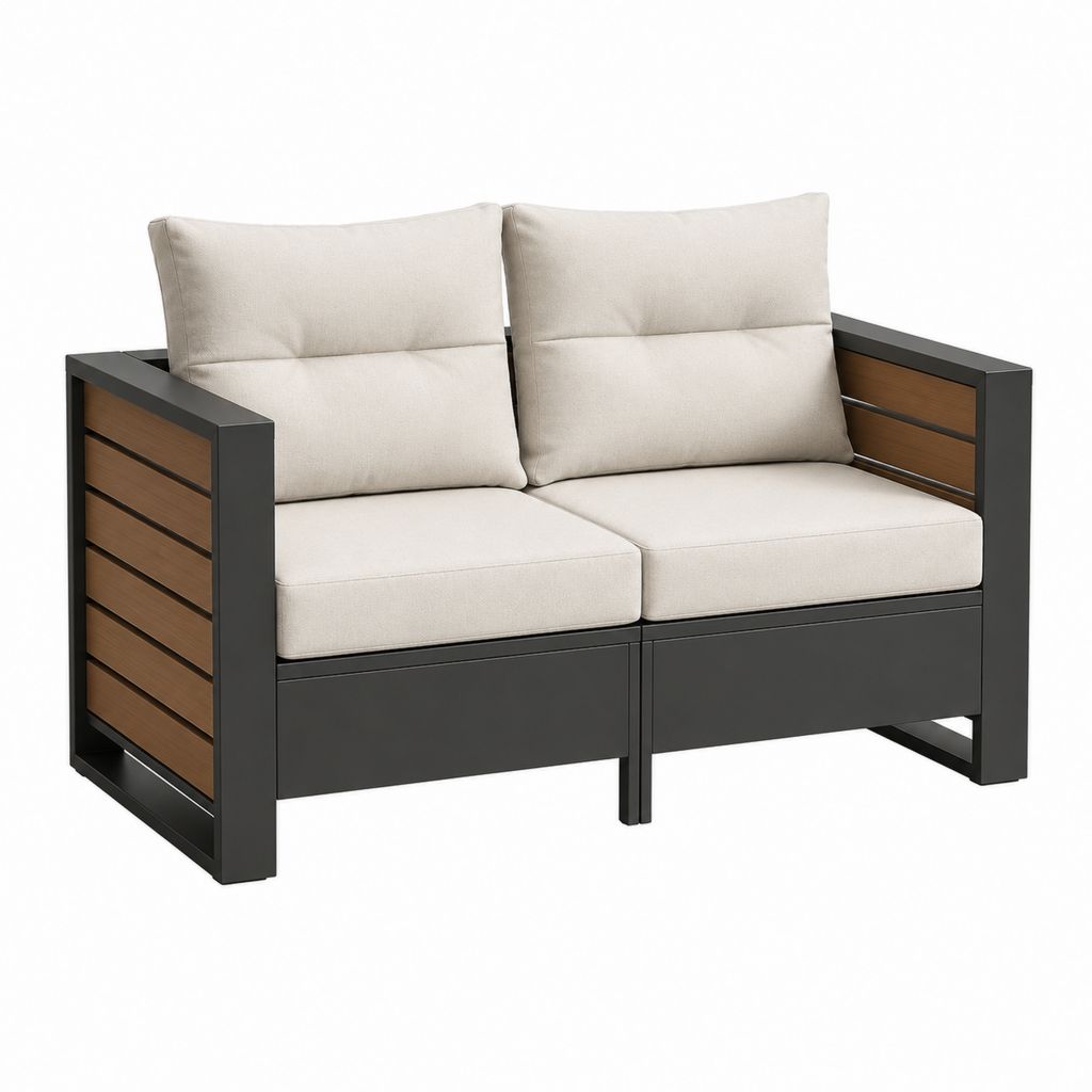 Gartensofa 2-Sitzer Beige mit Aluminiumrahmen und Akazienholz 130 x 75 x 75 cm